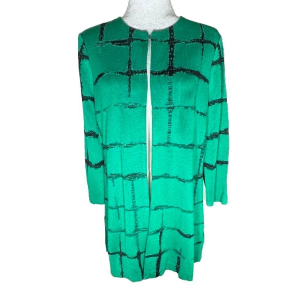 NWT Misook Women's Green and Black Open Front 3/4" Sleeve Cardigan Size Medium